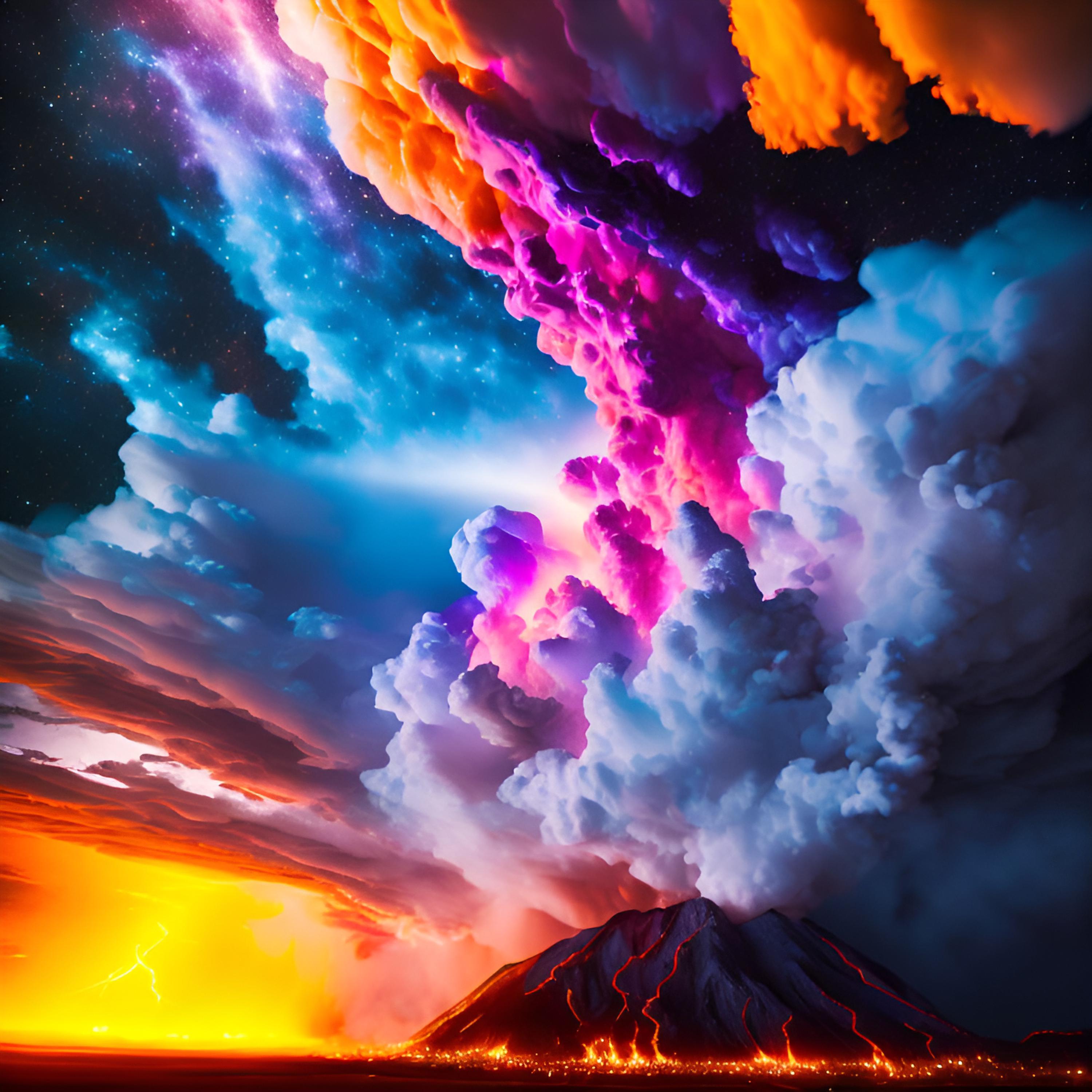 Извержение вулкана с разноцветным дымом на фоне звездного неба