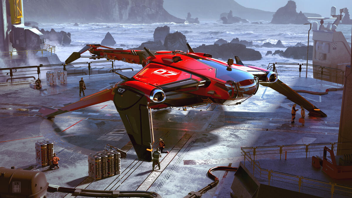 A red starship is standing by on the base
