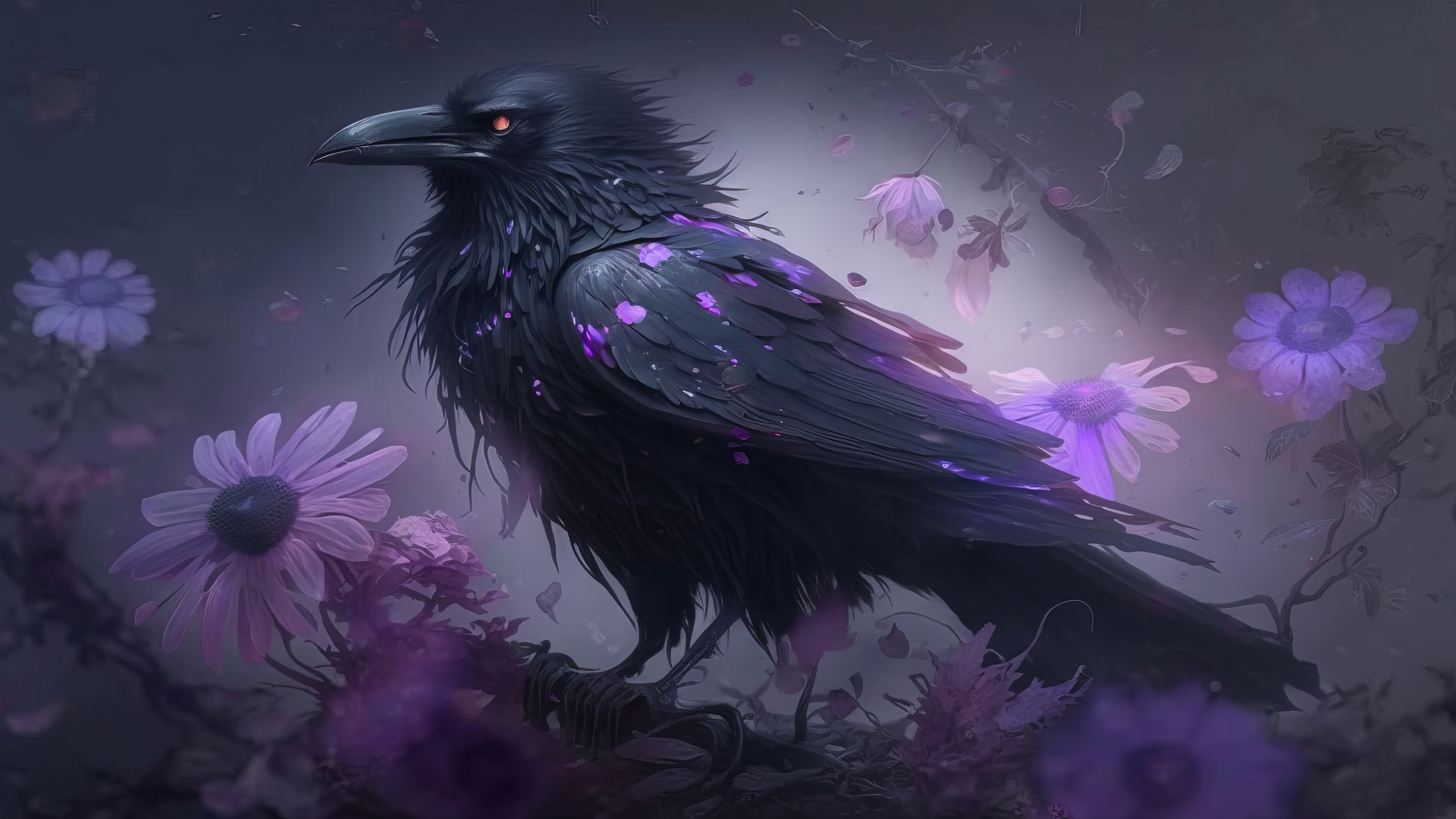 带花的黑乌鸦的渲染图