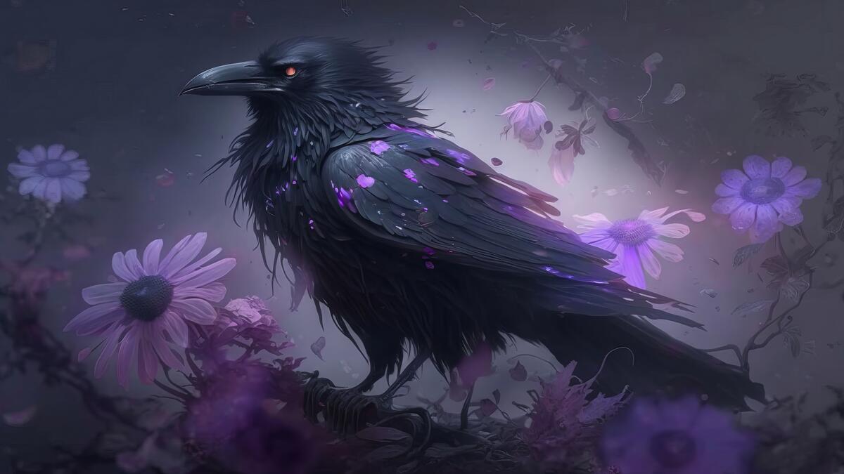 Рендеринг рисунок черного ворона с цветами