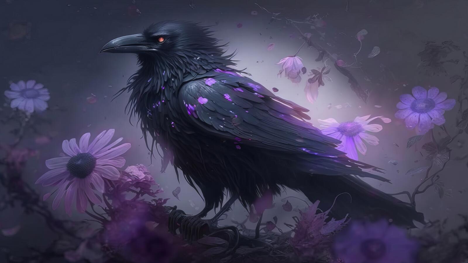 Бесплатное фото Рендеринг рисунок черного ворона с цветами