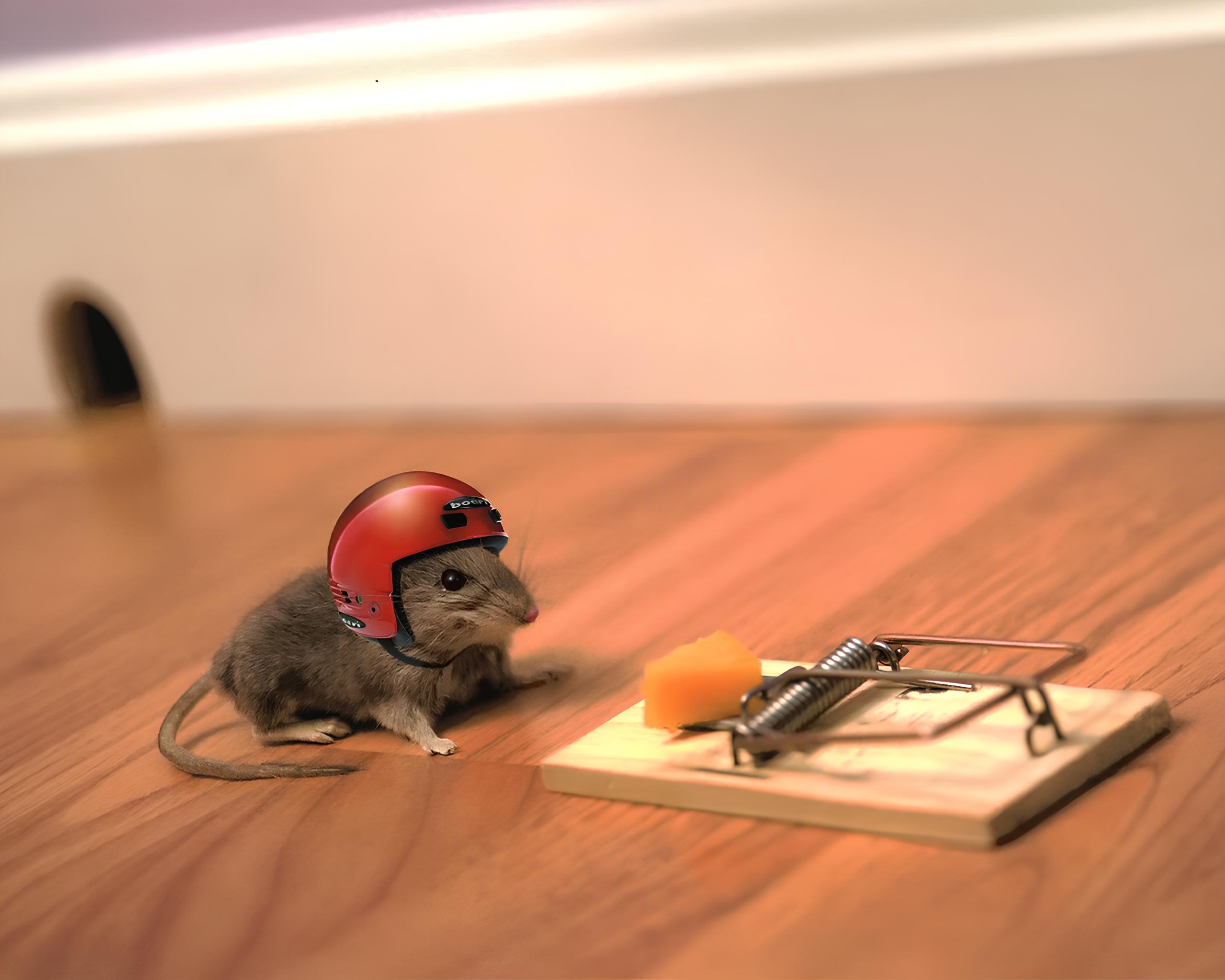 一只戴头盔的老鼠把捕鼠器上的奶酪扯了下来。