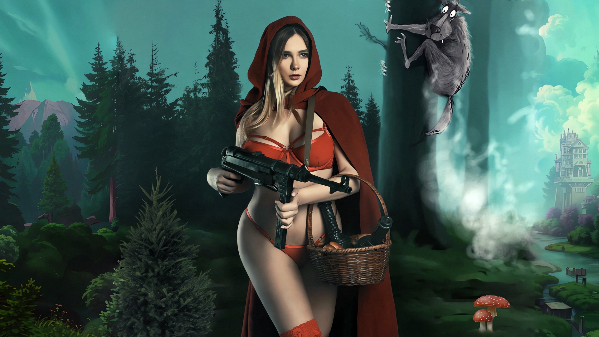 Little Red Riding Hood is walking through the woods with a machine gun in her hands.
