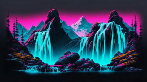 A waterfall against the backdrop of the mountains at night