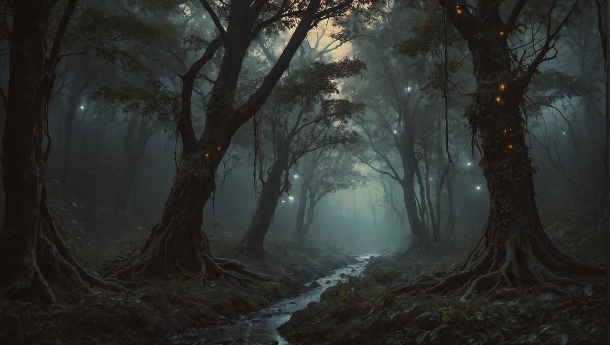 Ночь в темном лесу с вылетающими светлячками