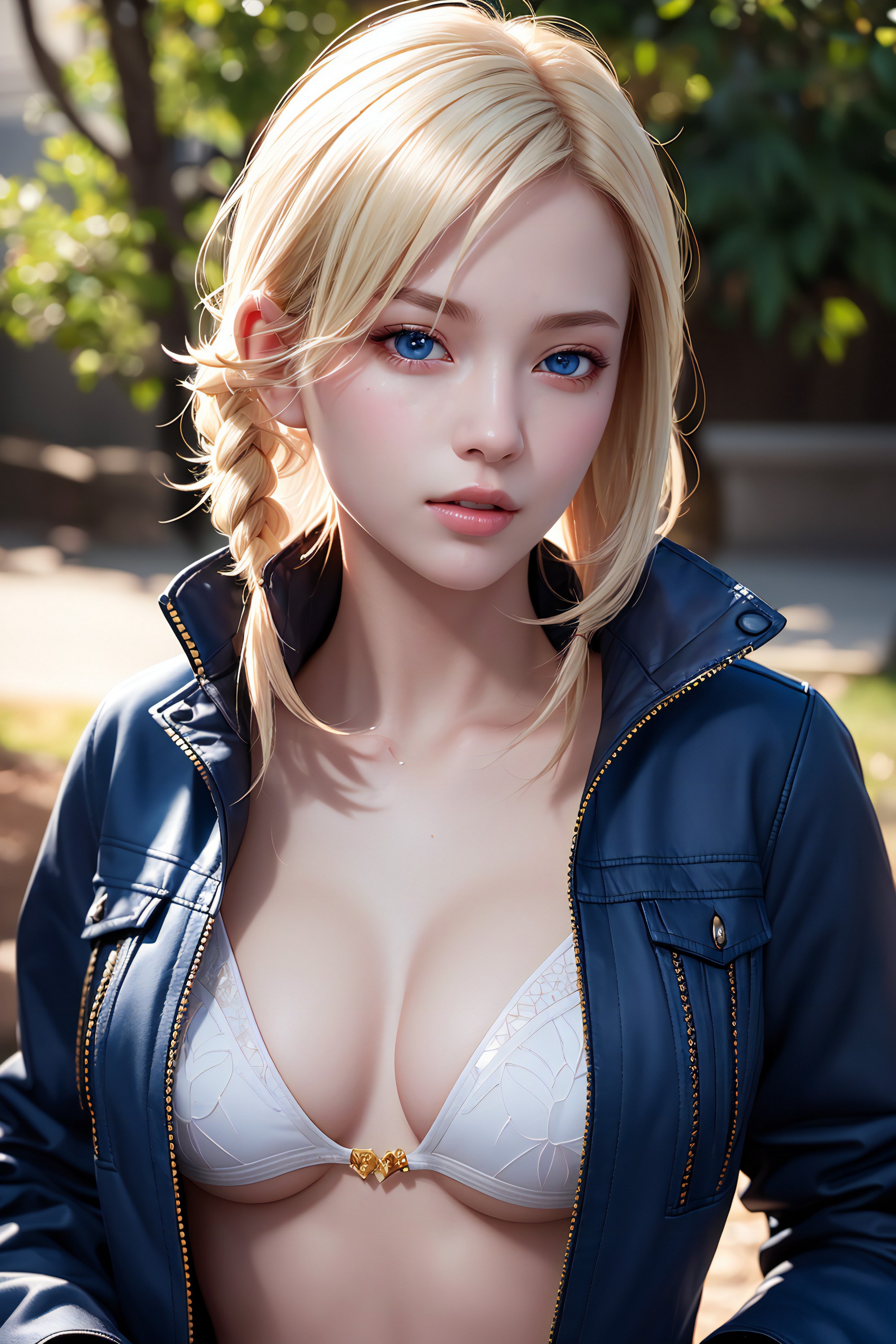 Blonde girl in open jacket