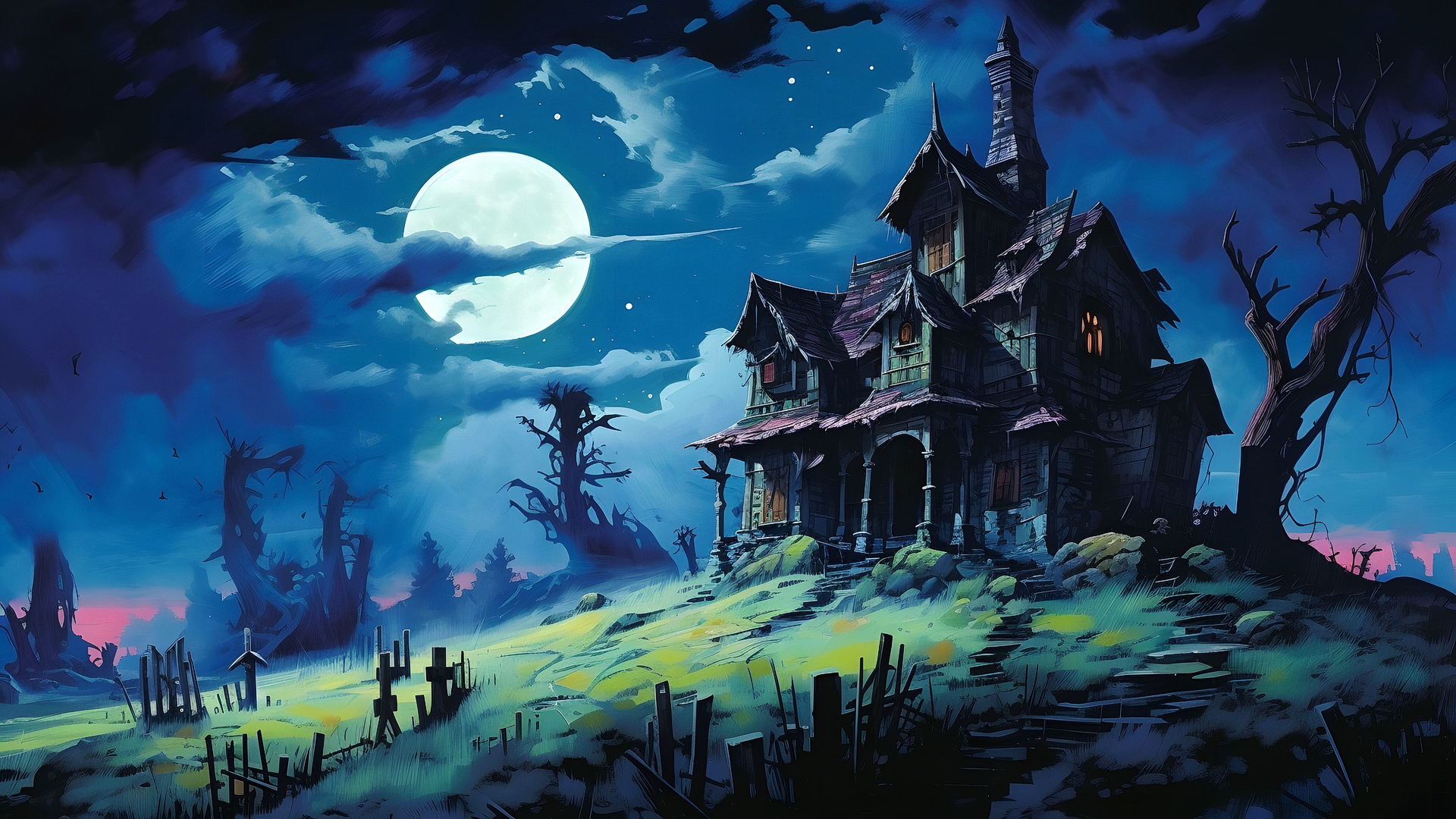 Старый страшный дом на фоне неба и луны