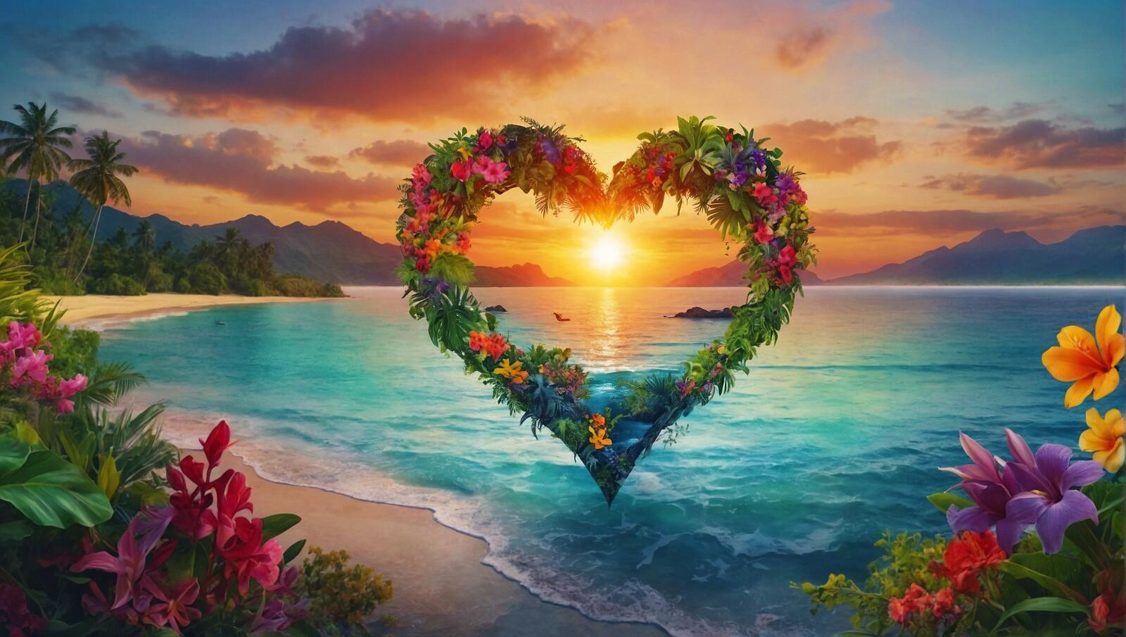Free photo A painting with a heart shaped floral arrangement over water