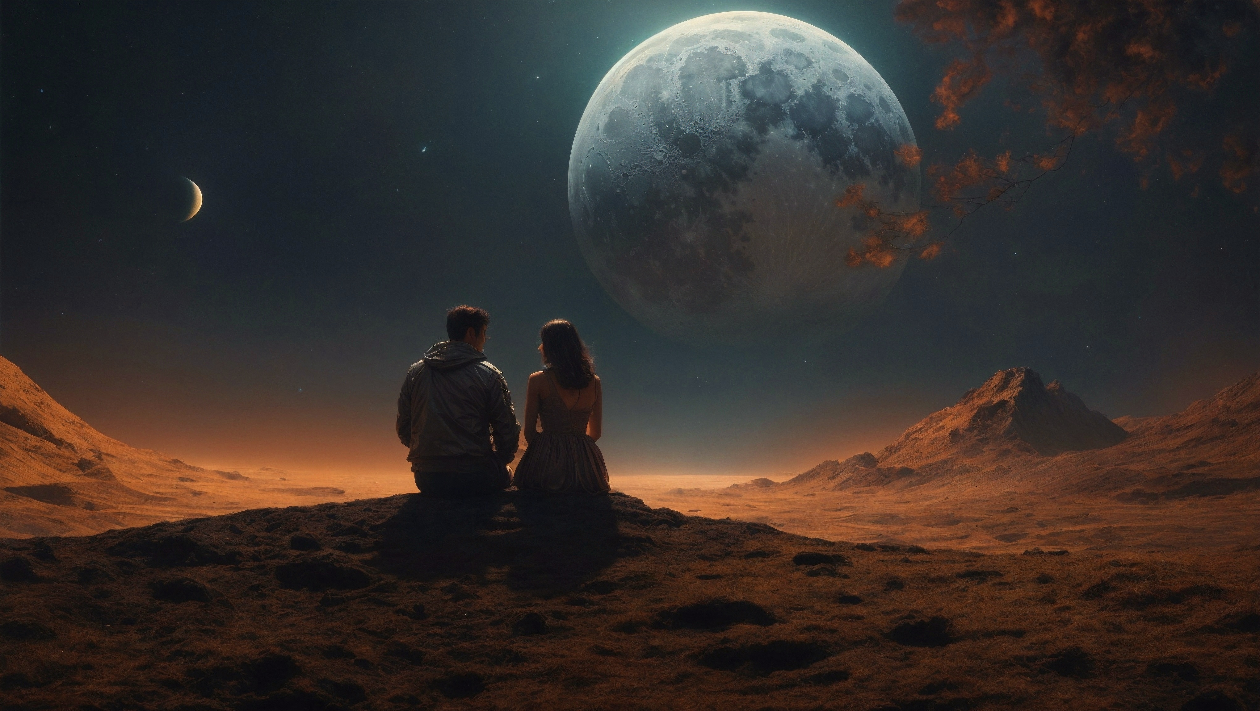 两个人在石头后面看行星。