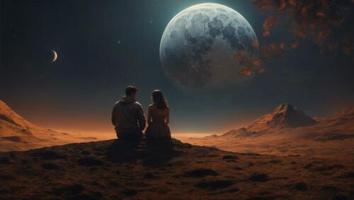 Два человека смотрят на планеты из-за скалы