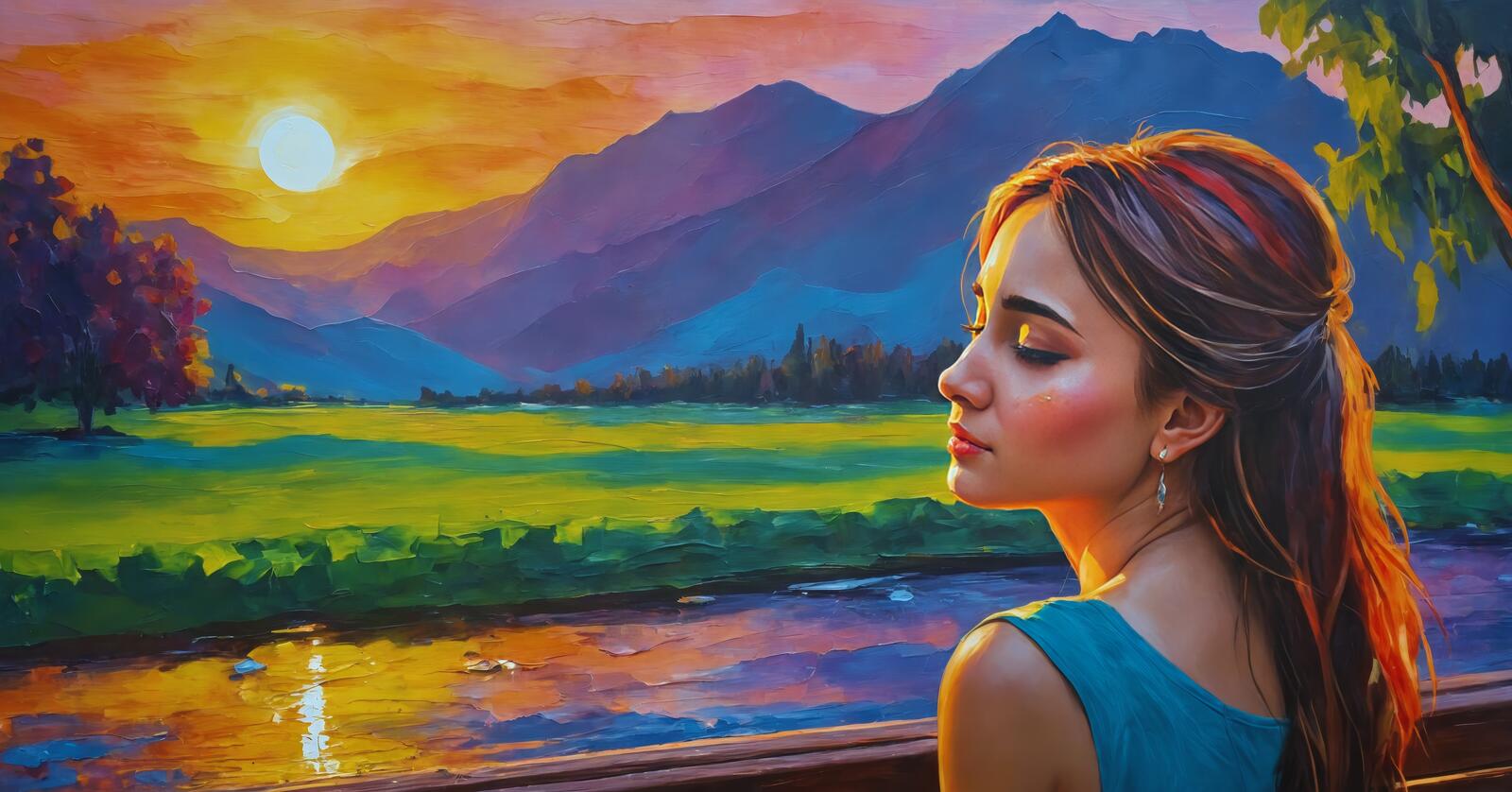 Free photo Painting by a girl in a green dress looking out at a field