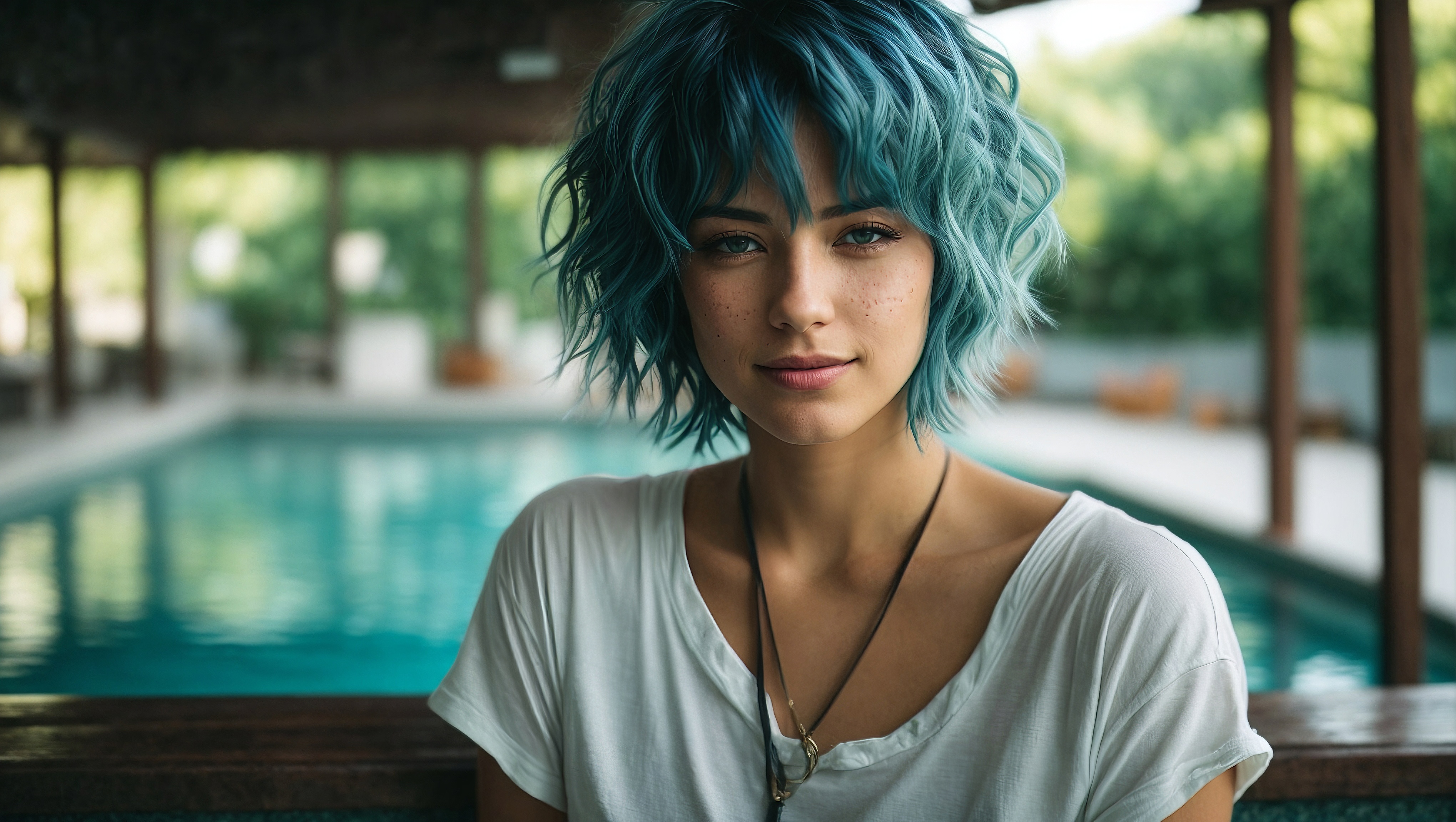 Free photo A woman with blue hair near a pool