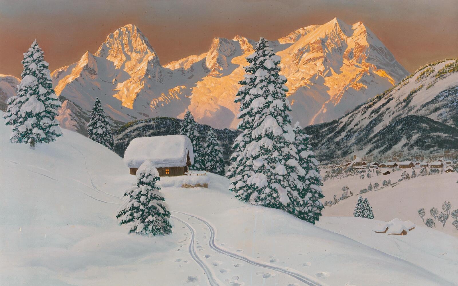 桌面上的壁纸山区 冬季 油画