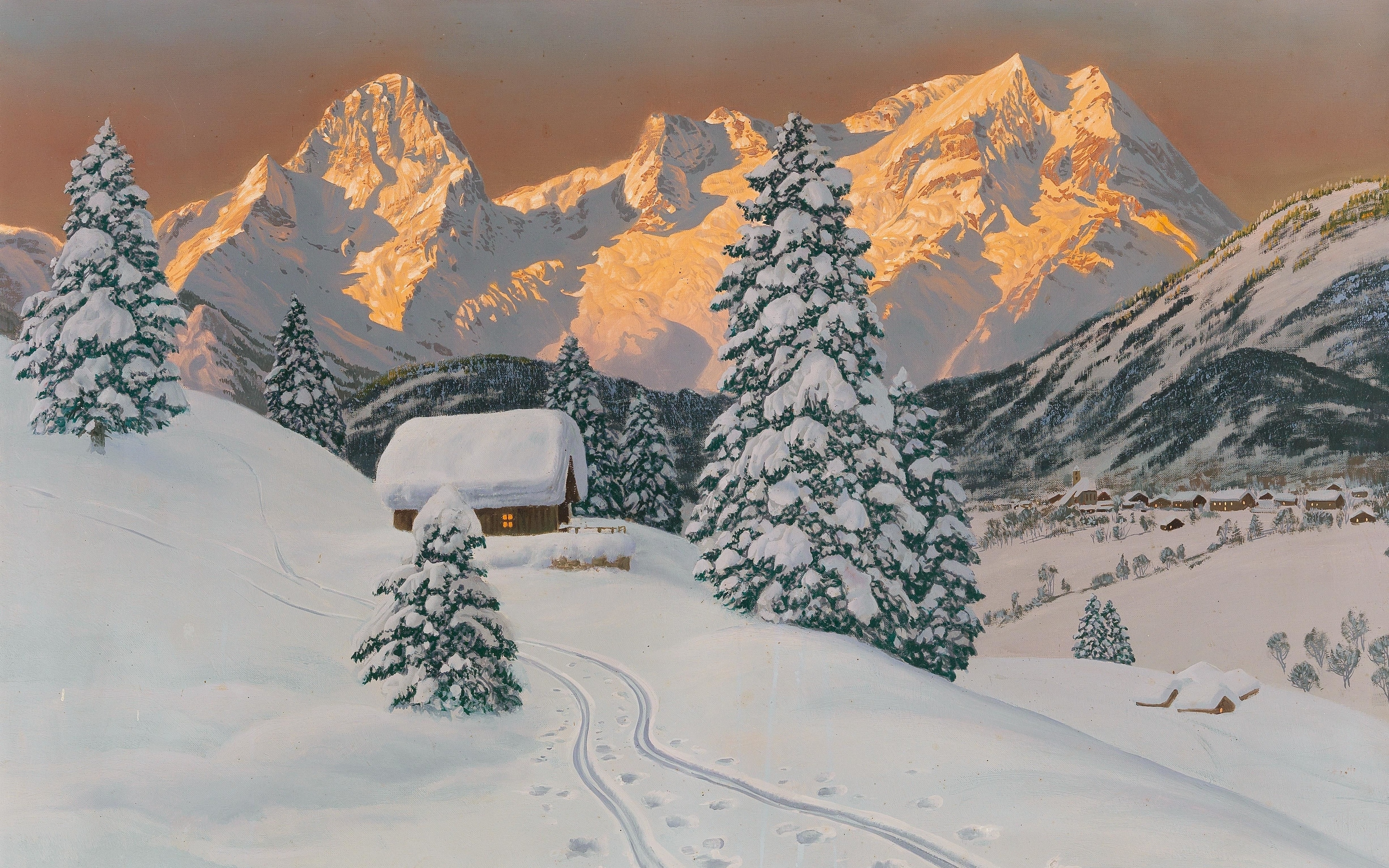 Фото бесплатно горы, зима, масляная краска
