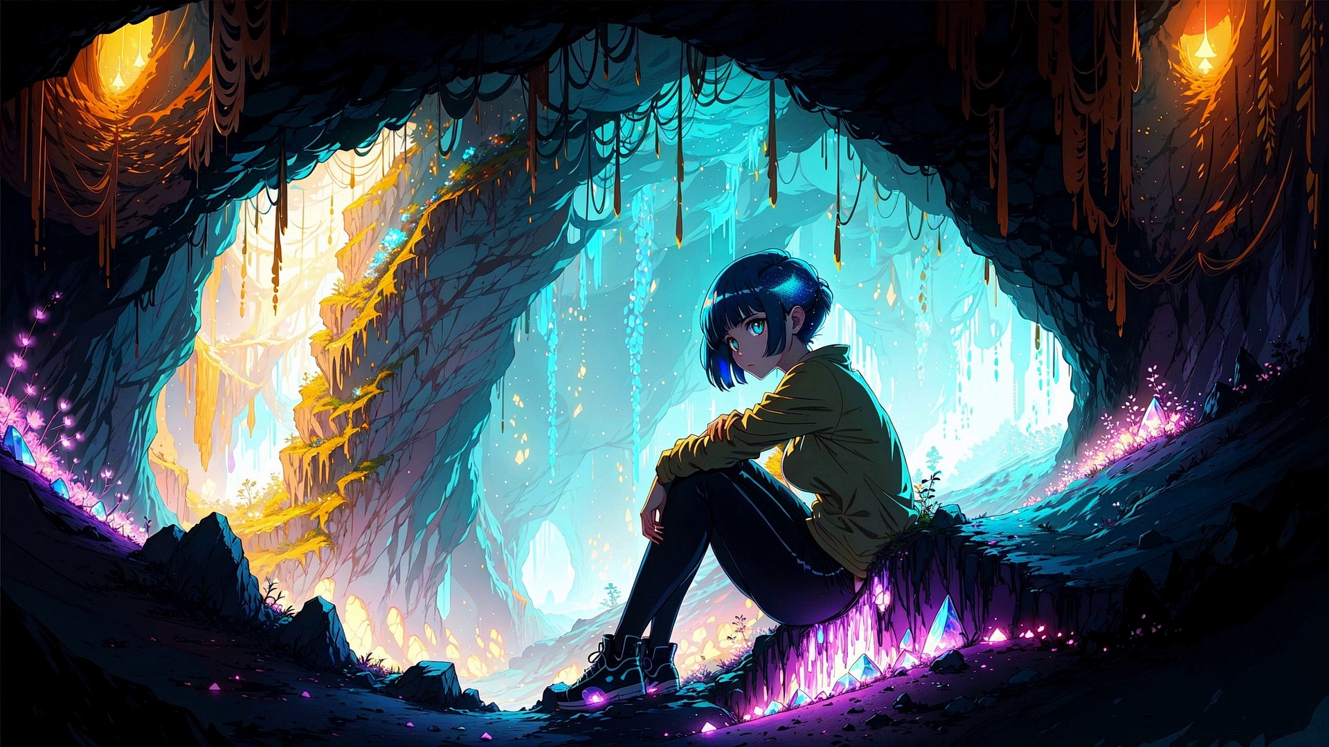 A drawing of a brunette girl sitting in a cave.