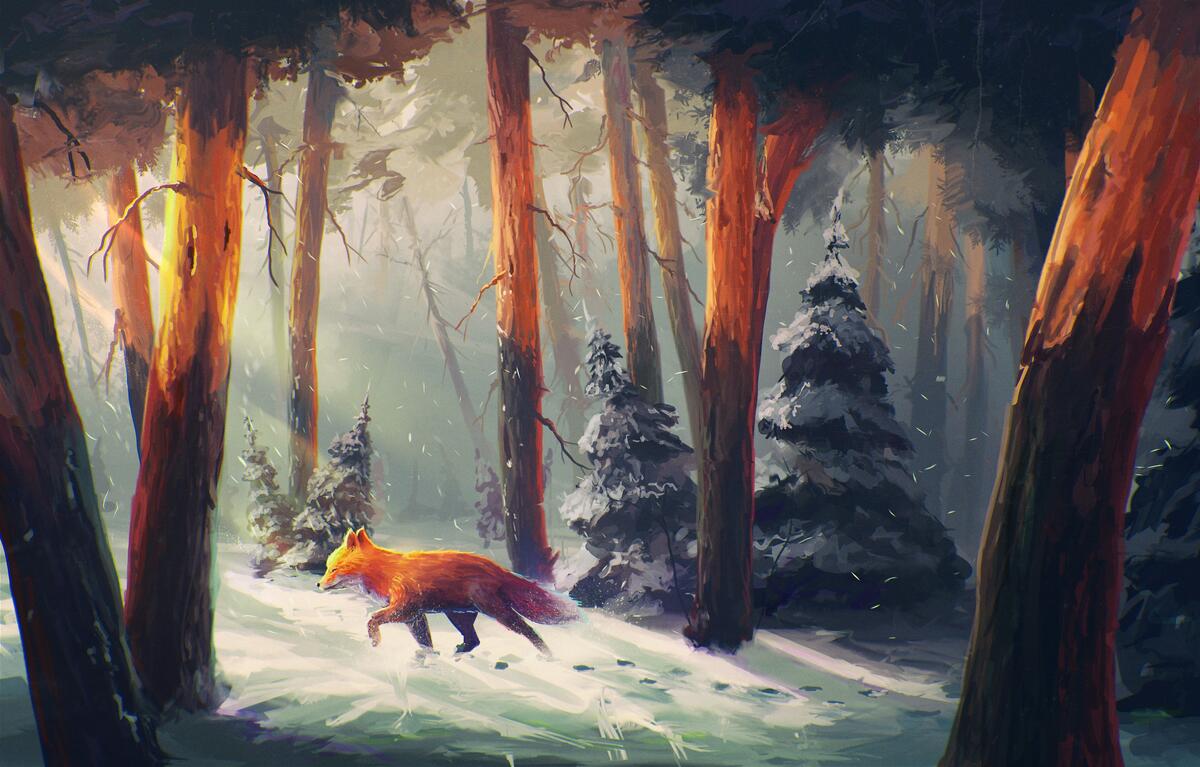 A drawing of a fishing line walking through a snowy forest