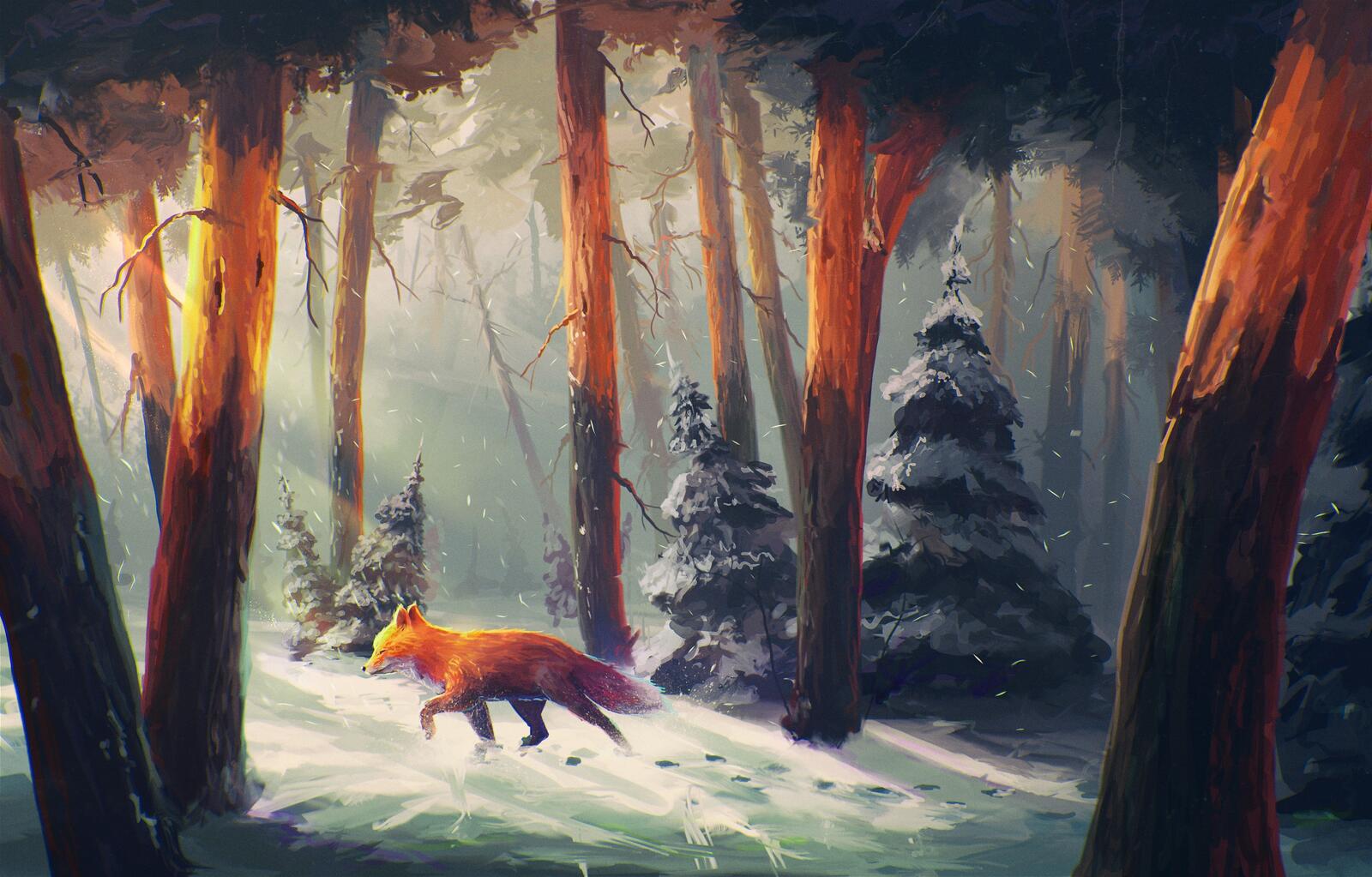 Бесплатное фото Рисунок лесы идущей по снежному лесу