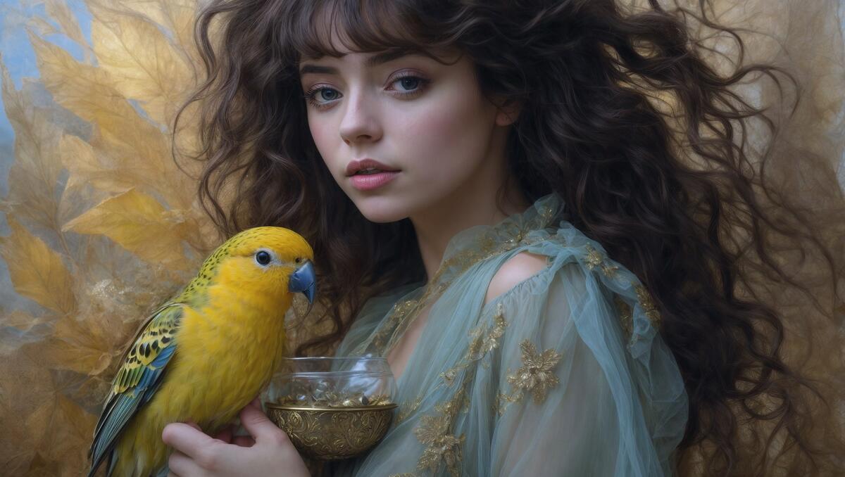 Красивая женщина с вьющимися волосами держит птицу