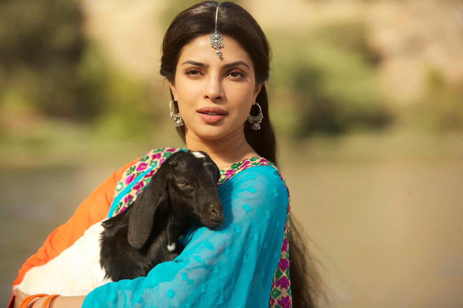 免费照片印度女演员普里扬卡-乔普拉与一只山羊
