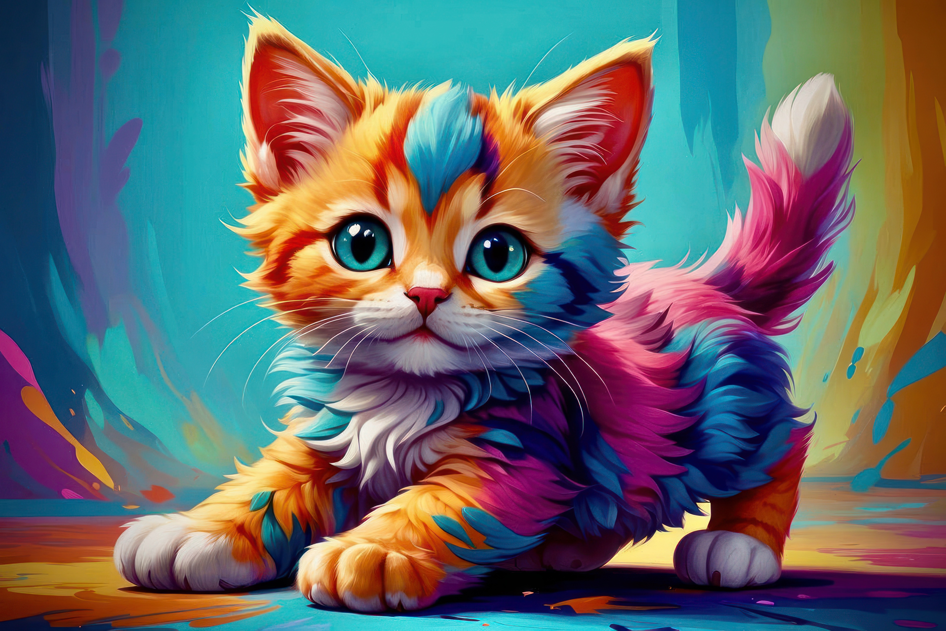 我玩着颜料，变成了这只美丽的彩色小猫。