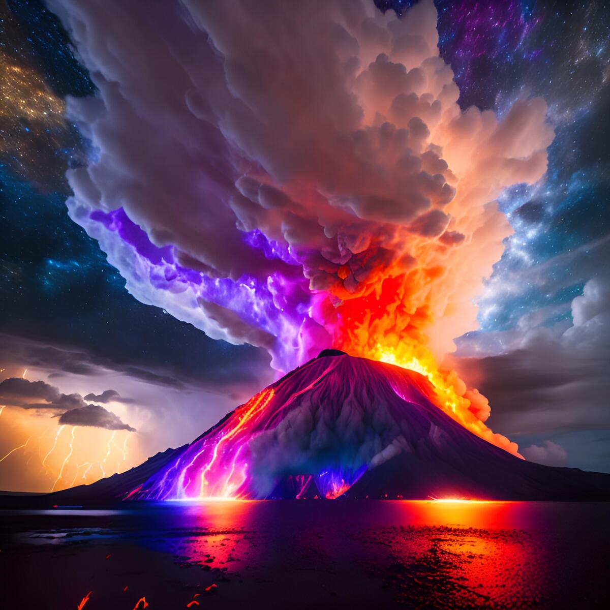 Красочное разноцветное извержение вулкана