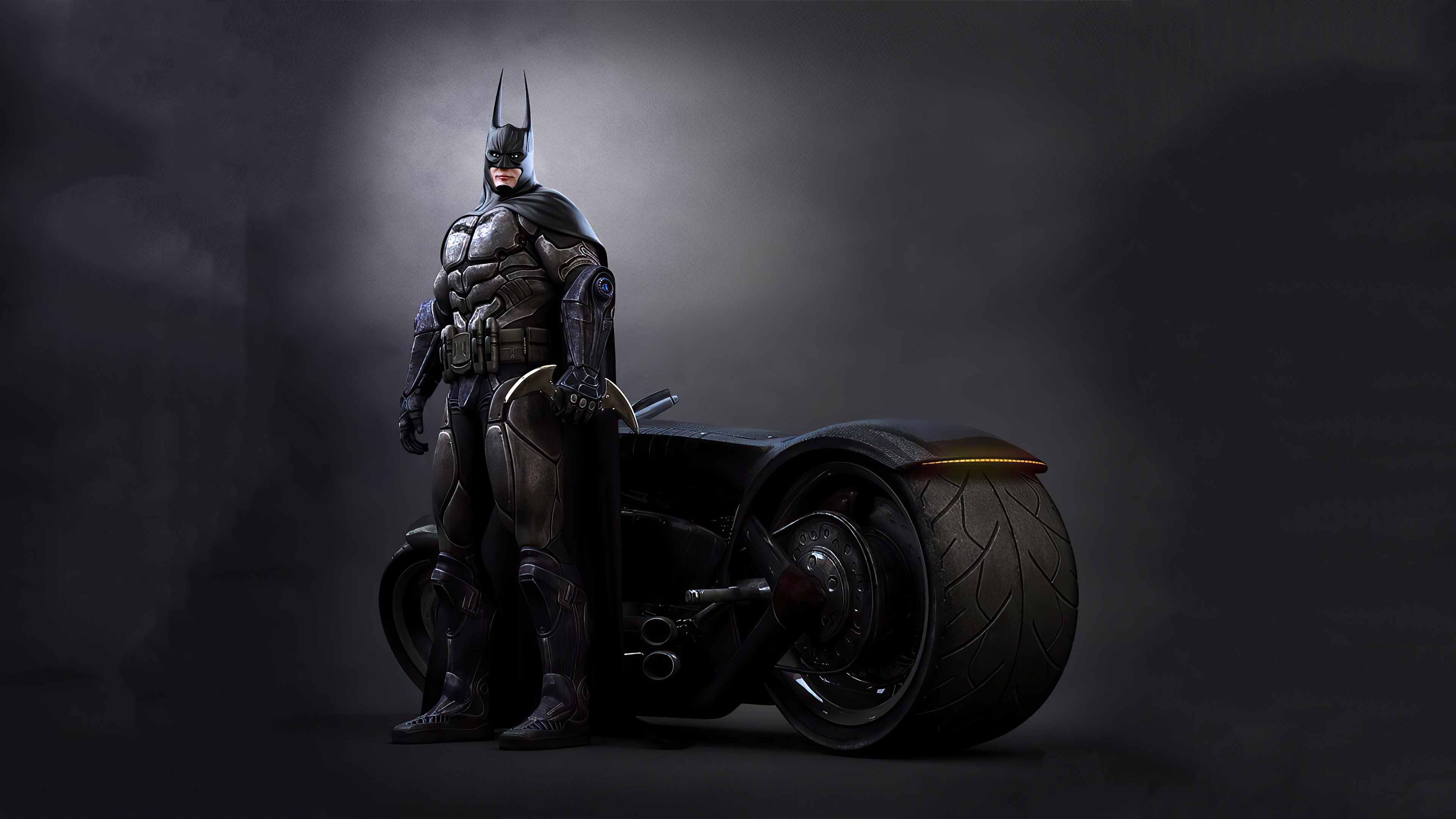 黑暗中的蝙蝠侠在一辆摩托车旁。
