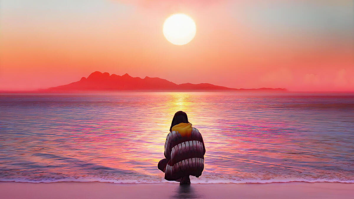 Девушка сидит у берега моря на закате
