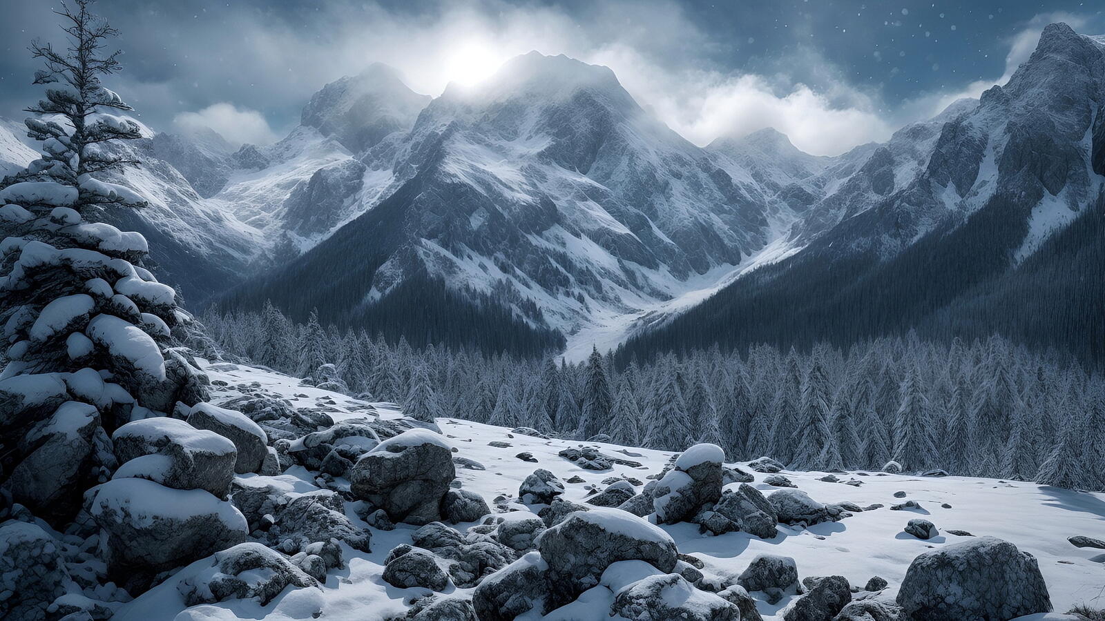 Бесплатное фото Горный мрачный пейзаж и ели в снегу