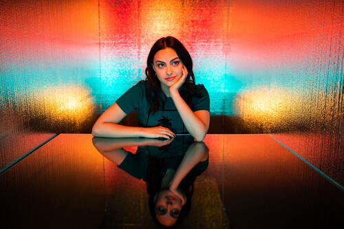 Камила Мендес сидит за столом на цветом фоне