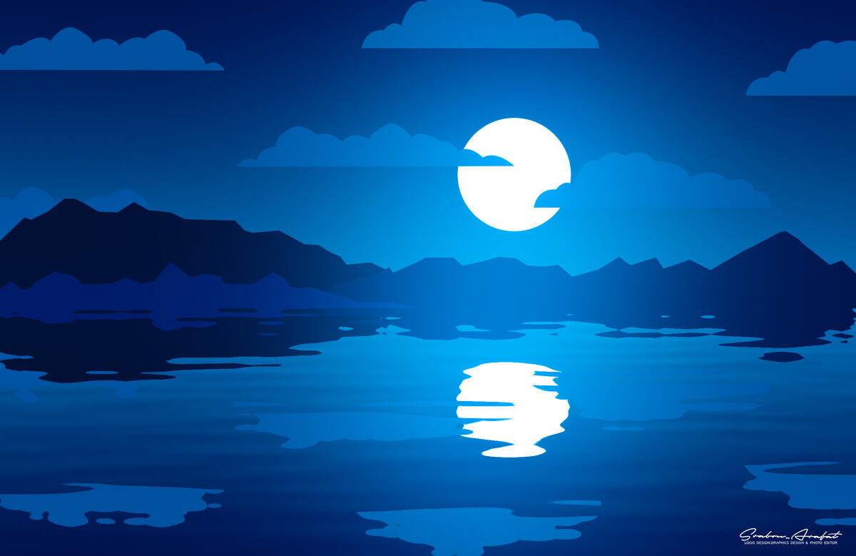 Минималистичный пейзаж с озером при полной Луне