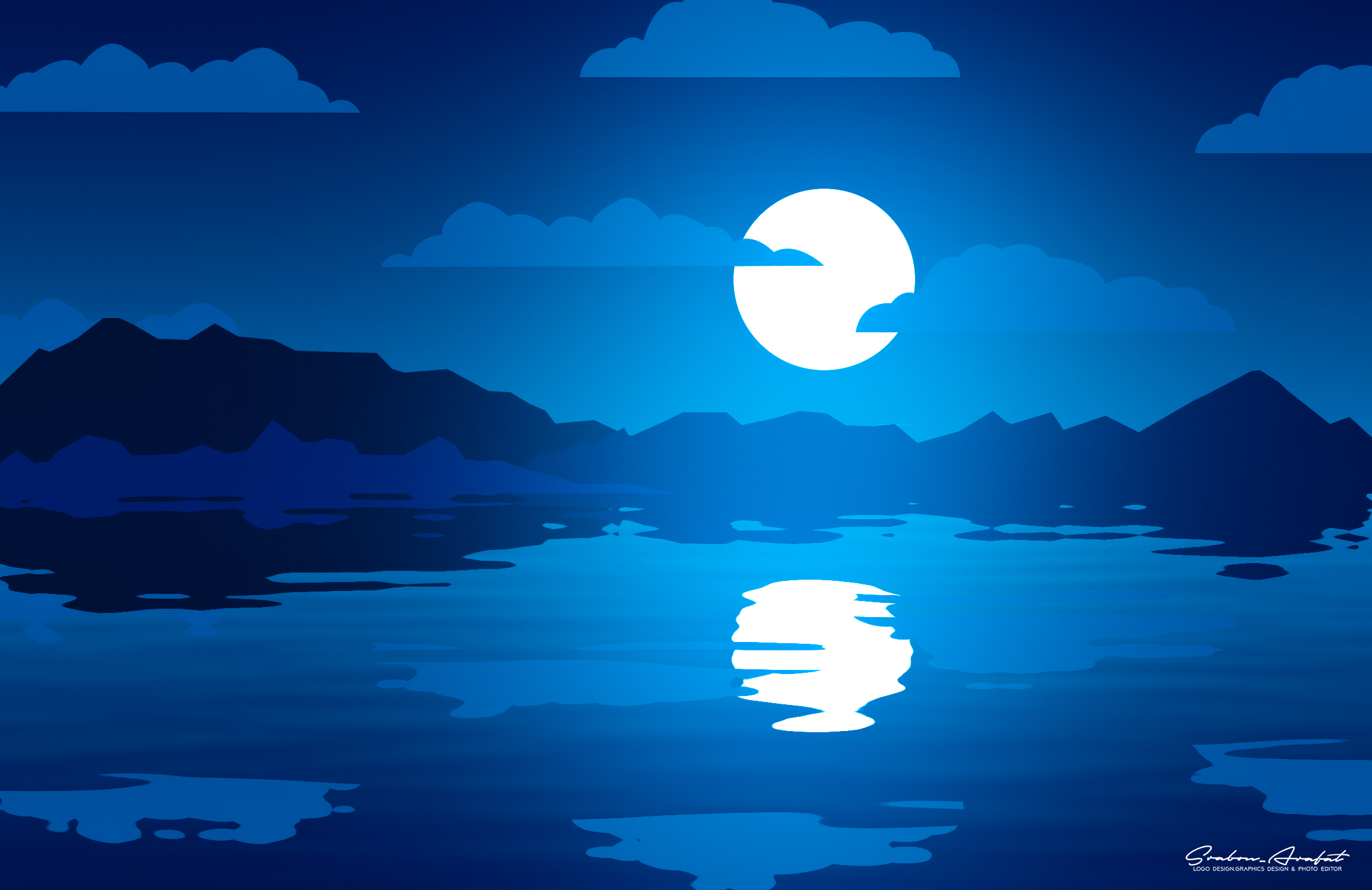 Free photo Minimalistic landscape with a lake under the full moon