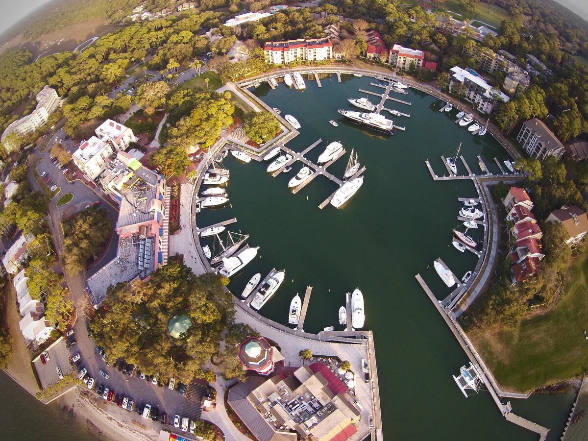 The harbor surrounded by the city around the view from the quadcopter