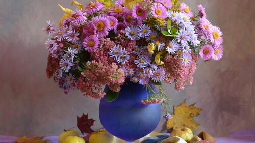 Beautiful bouquet of aster flowers in a blue vase