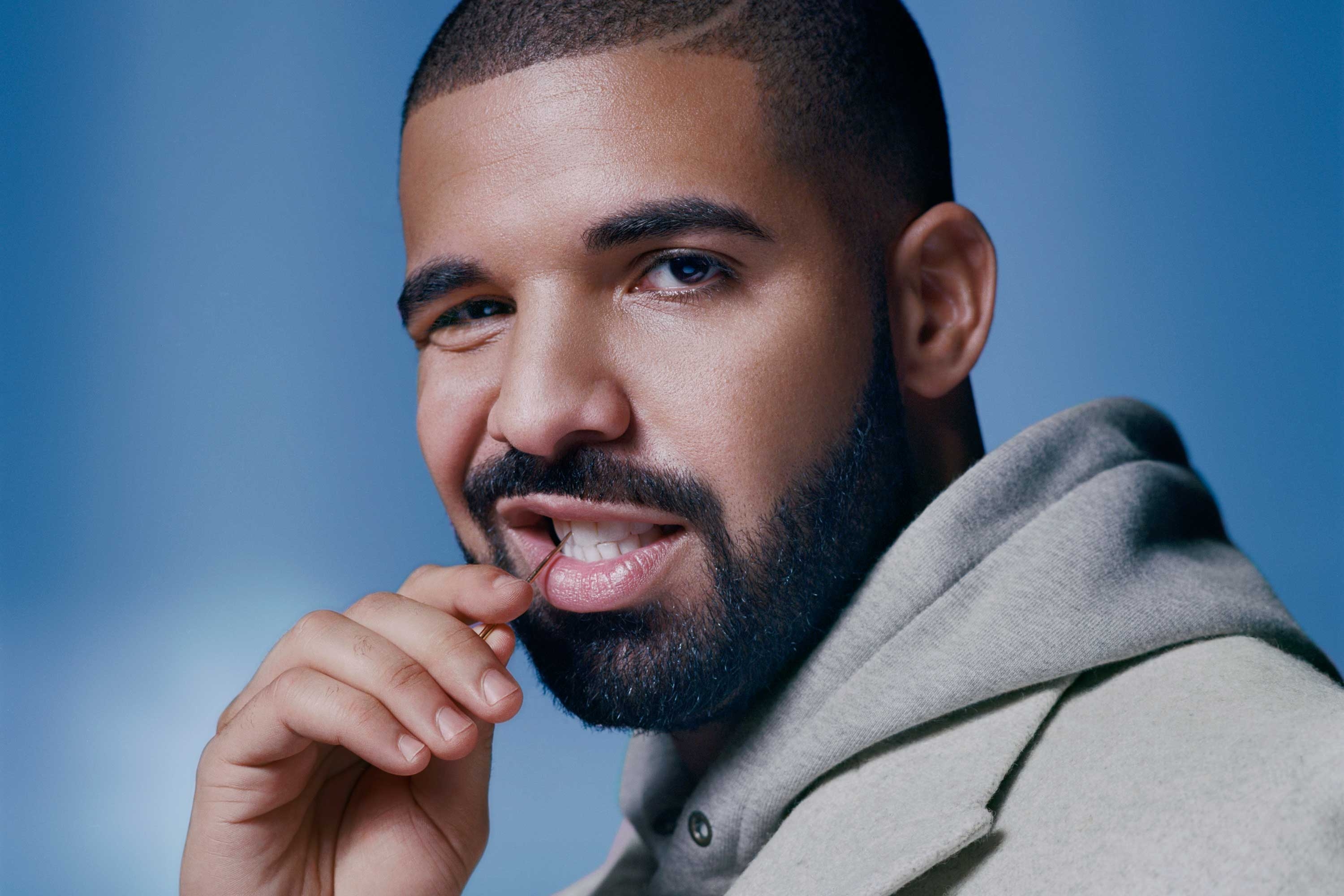 Drake with beard on blue background