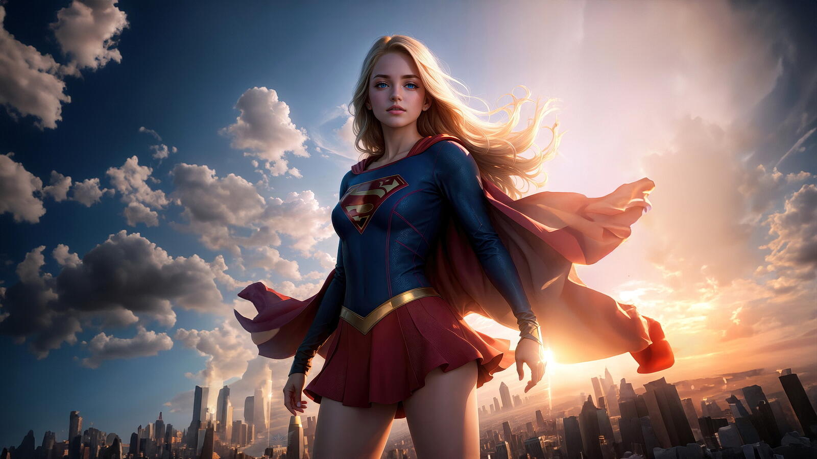 Бесплатное фото Супер девушка на фоне города и неба