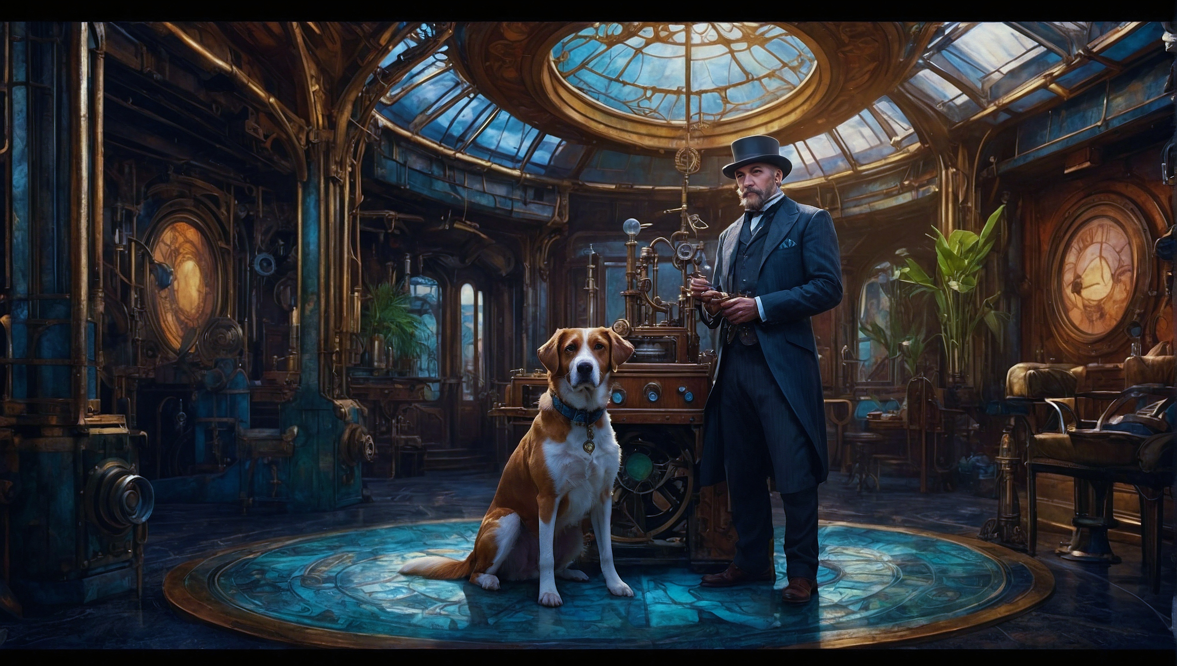 免费照片一个男人站在他的狗旁边，房间里有时钟、书桌和天花板