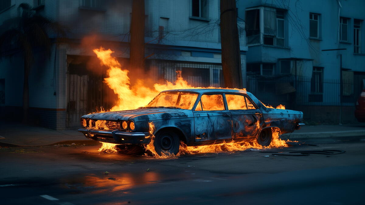 A burning car on a city street