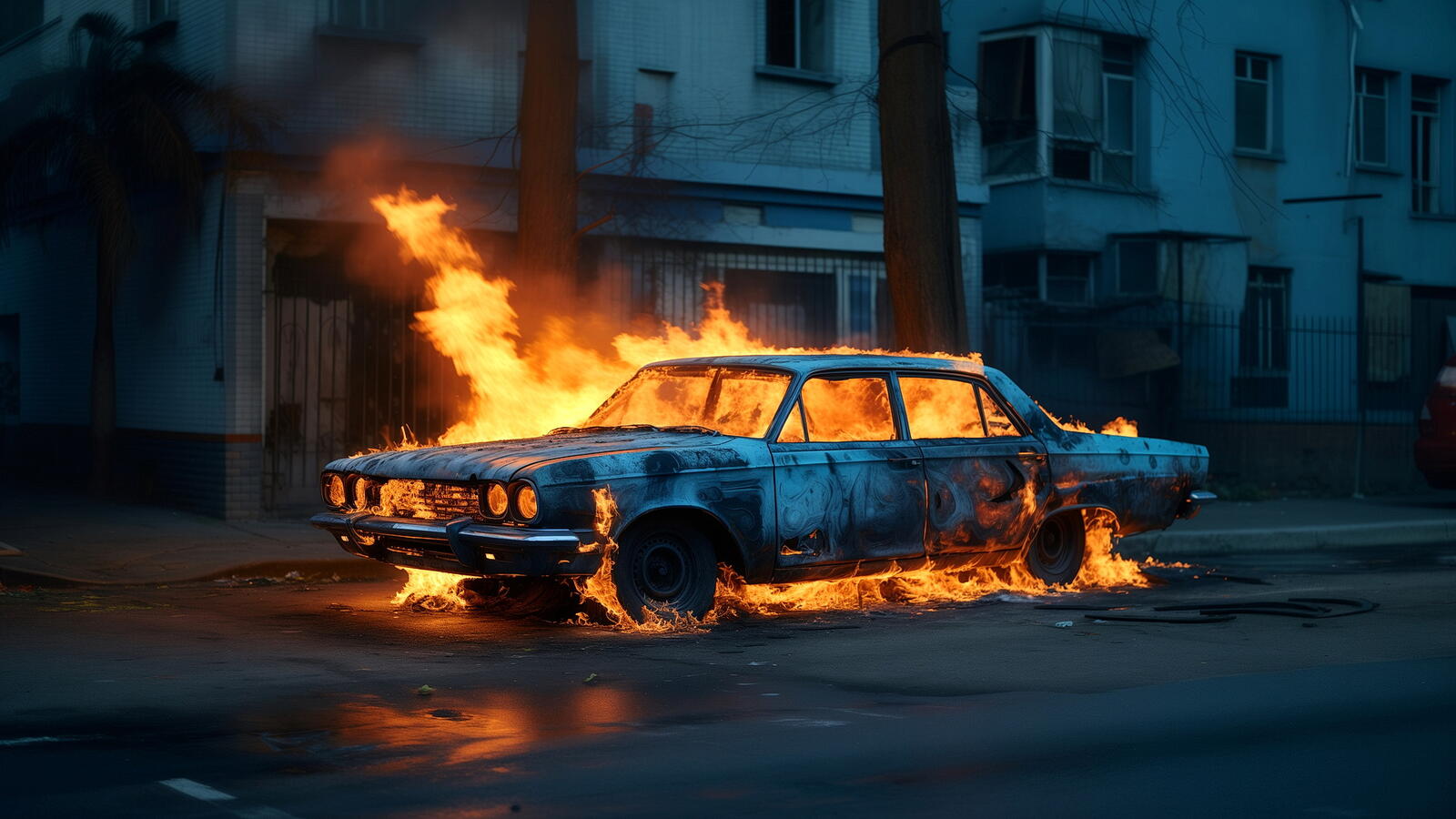 Free photo A burning car on a city street