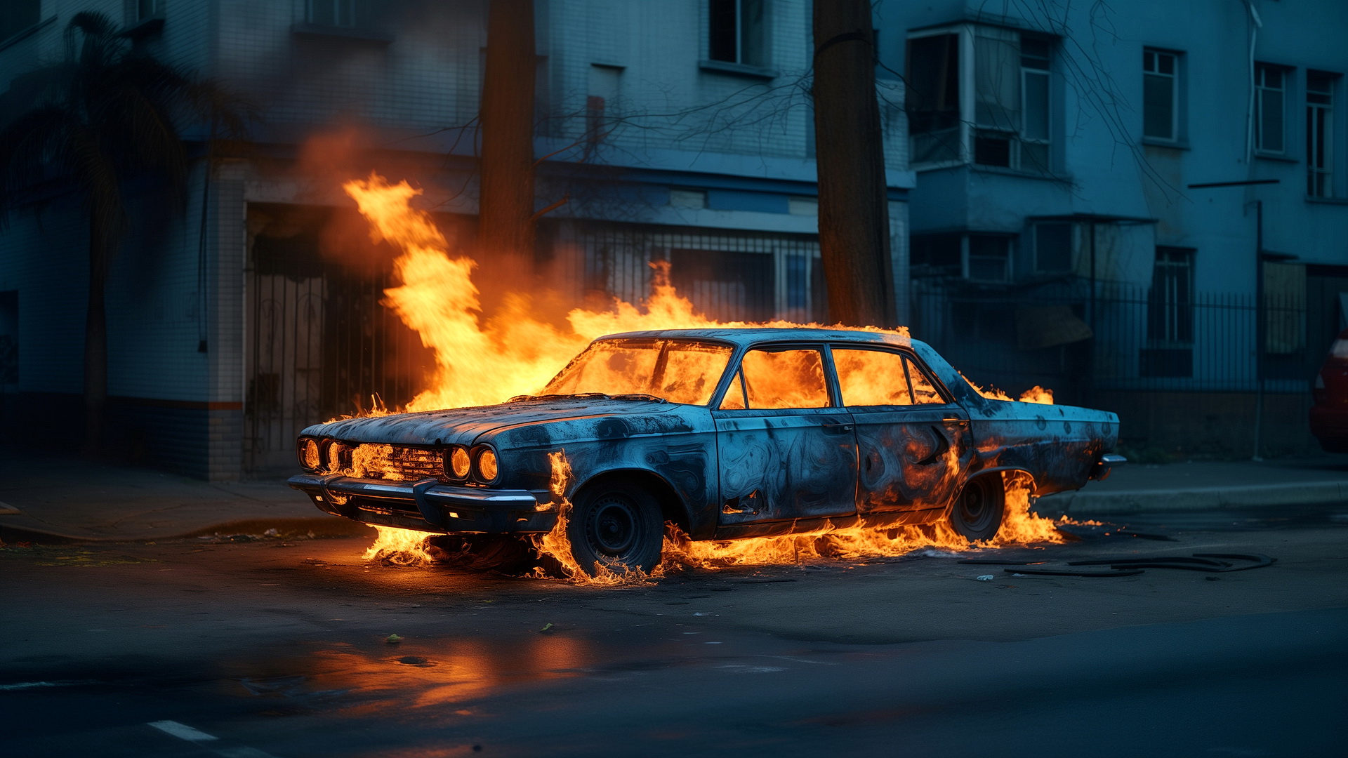 免费照片城市街道上一辆燃烧的汽车