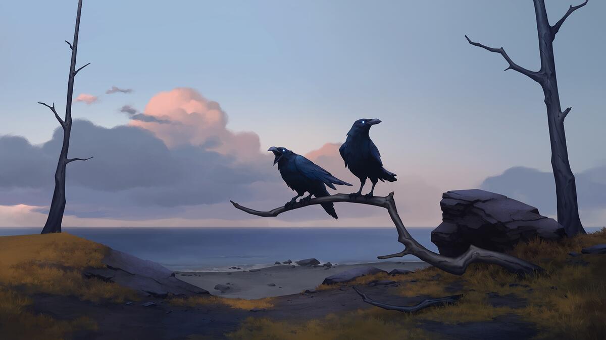 Rendering of two crows on a branch