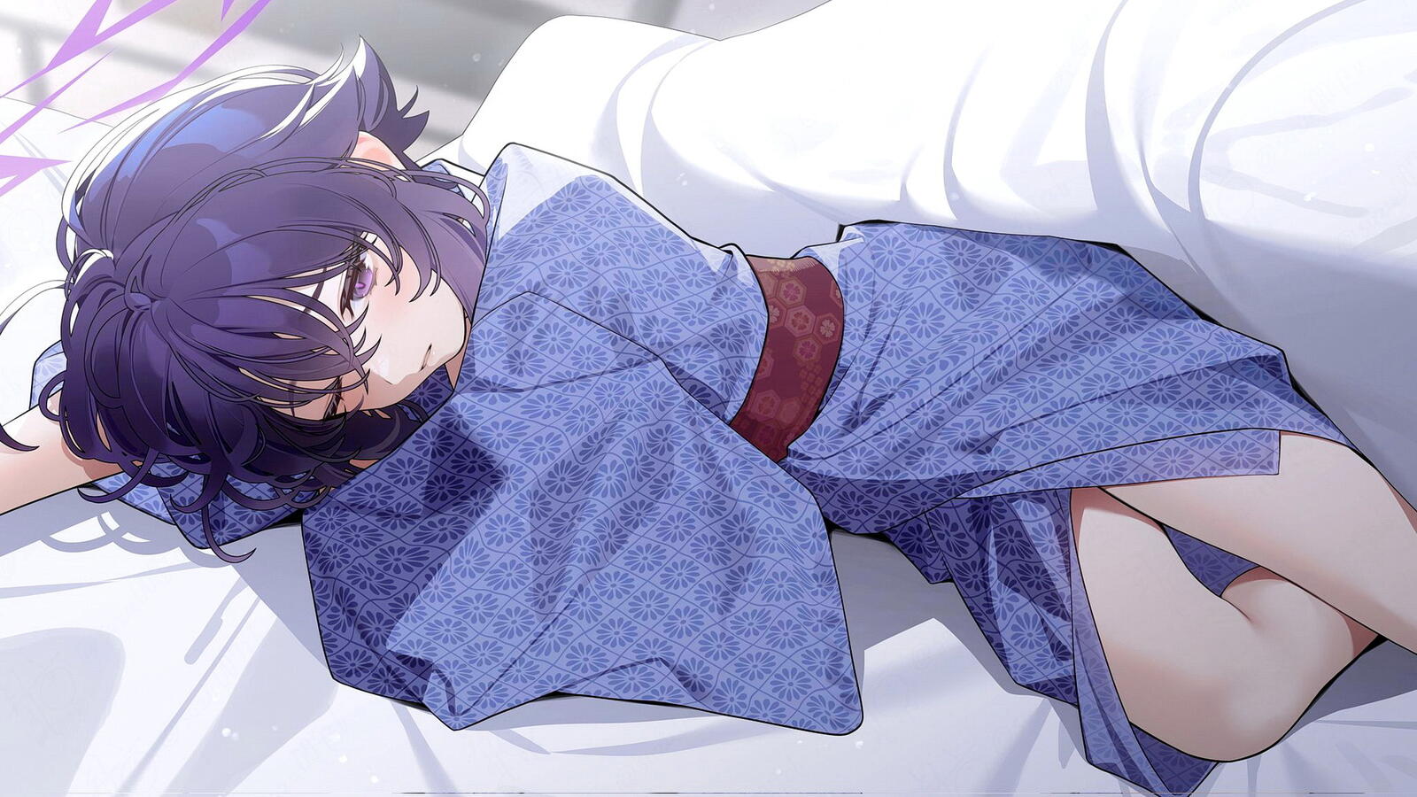 Free photo Drawing of a girl in a kimono lying on a bed