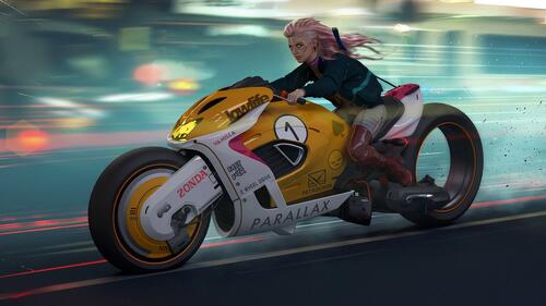 Девушка едет на фантастическом мотоцикле