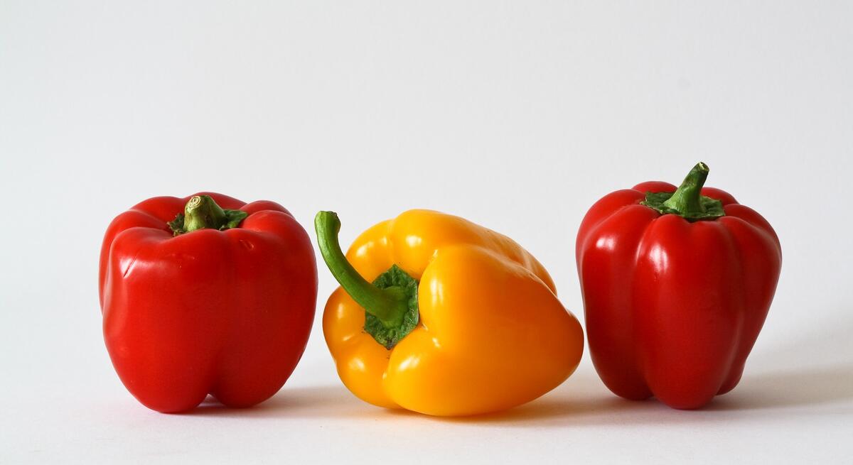 Red and yellow peppers on a gray background