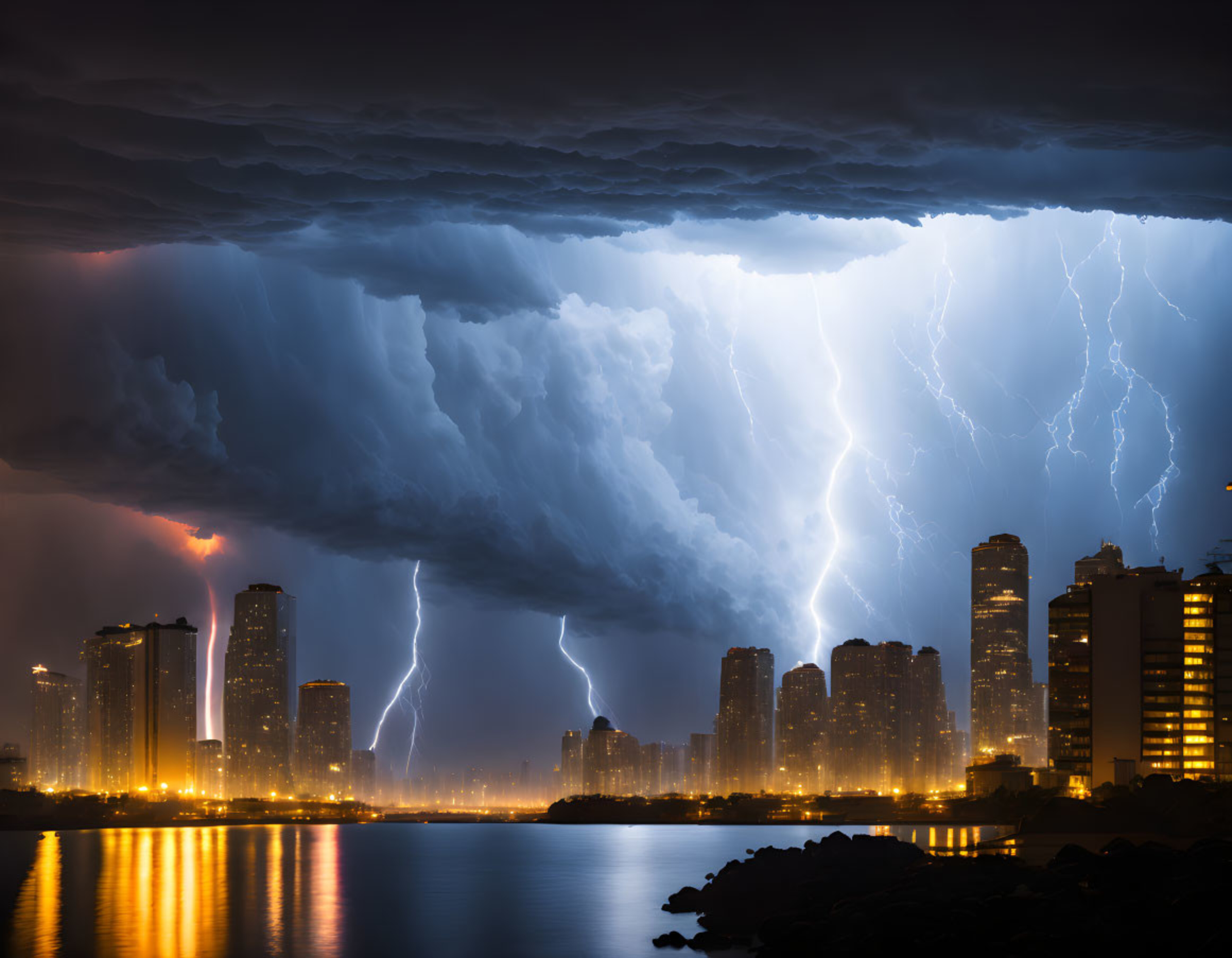 A thunderstorm in the city at night