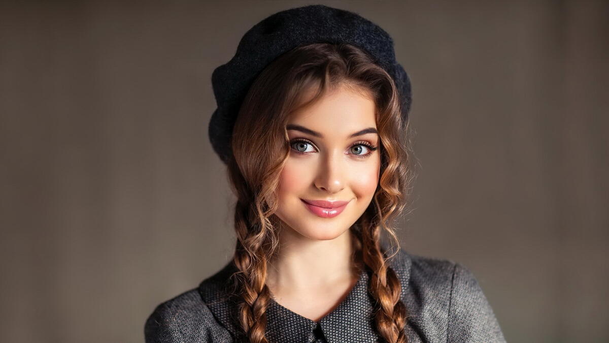 A girl in a beret smiling against a gray background