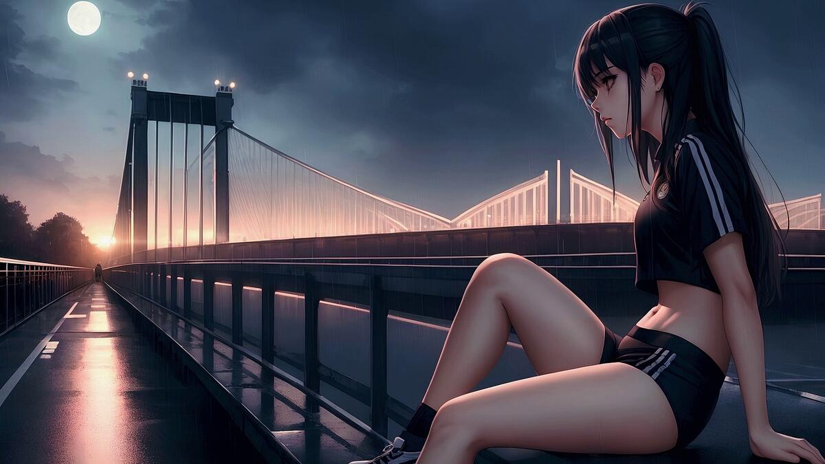 Девушка сидит на мосту под дождем