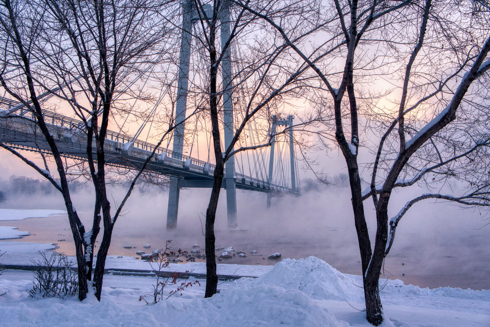 Бесплатное фото Морозное туманное утро над рекой