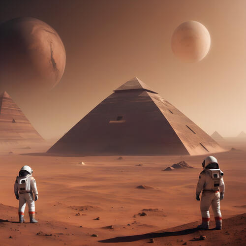 Astronauts near the pyramid