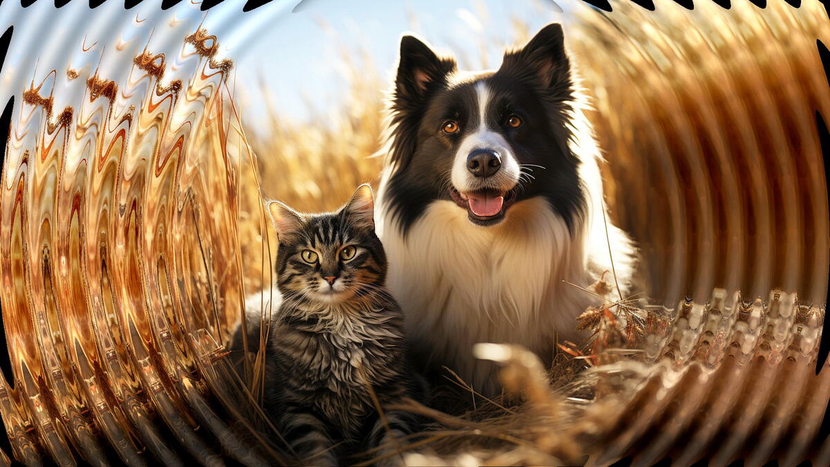 Кошка и собака в поле