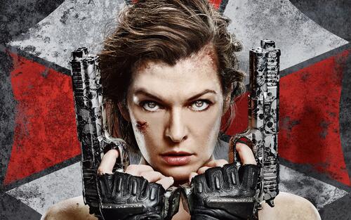 Milla Jovovich with two guns.
